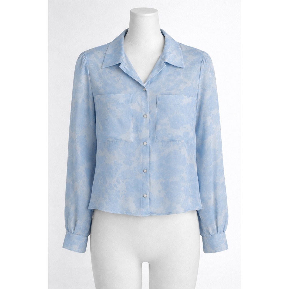 Pimkie‎ Button Down Blouse Womens M Blue Abstract Cloud Print Long Sleeve Sheer